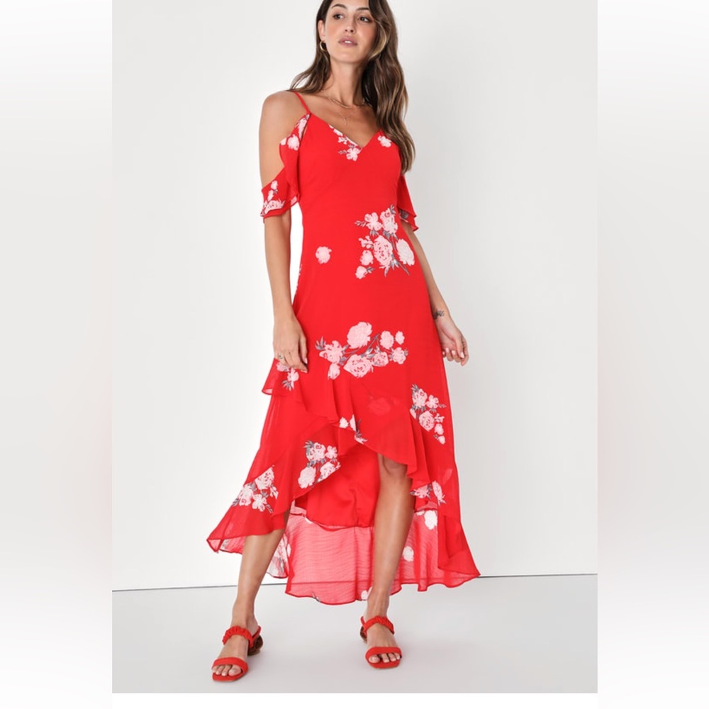 Lulu’s Love in Bloom Red Floral Print Off-the-Shoulder High-Low Dress